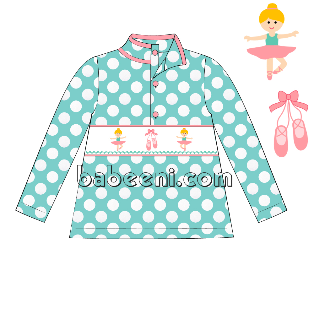 Cute smocked sweatshirt with white dots and ballet girls - PO 13